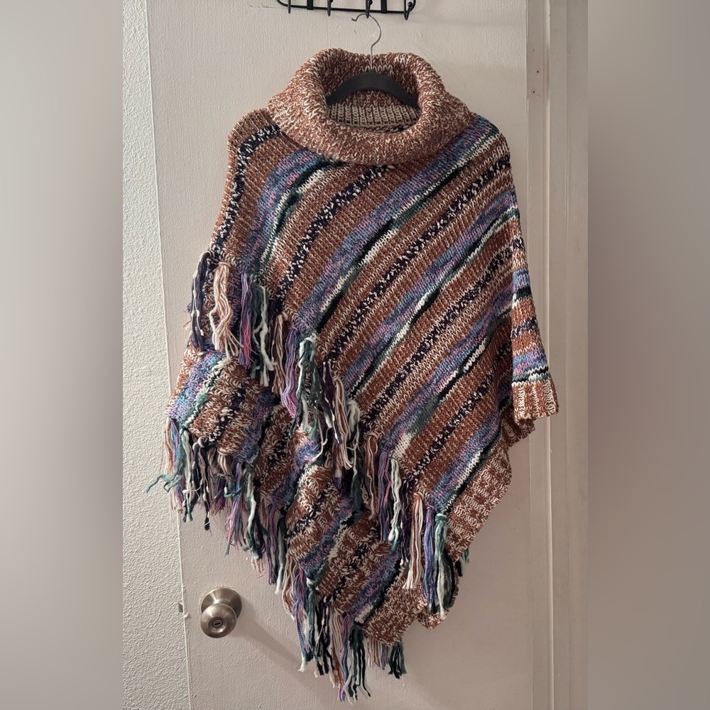 Boho Fringe Soft Knit Poncho—Blue & Earth Tones (Raj Style) Weekend Warmth